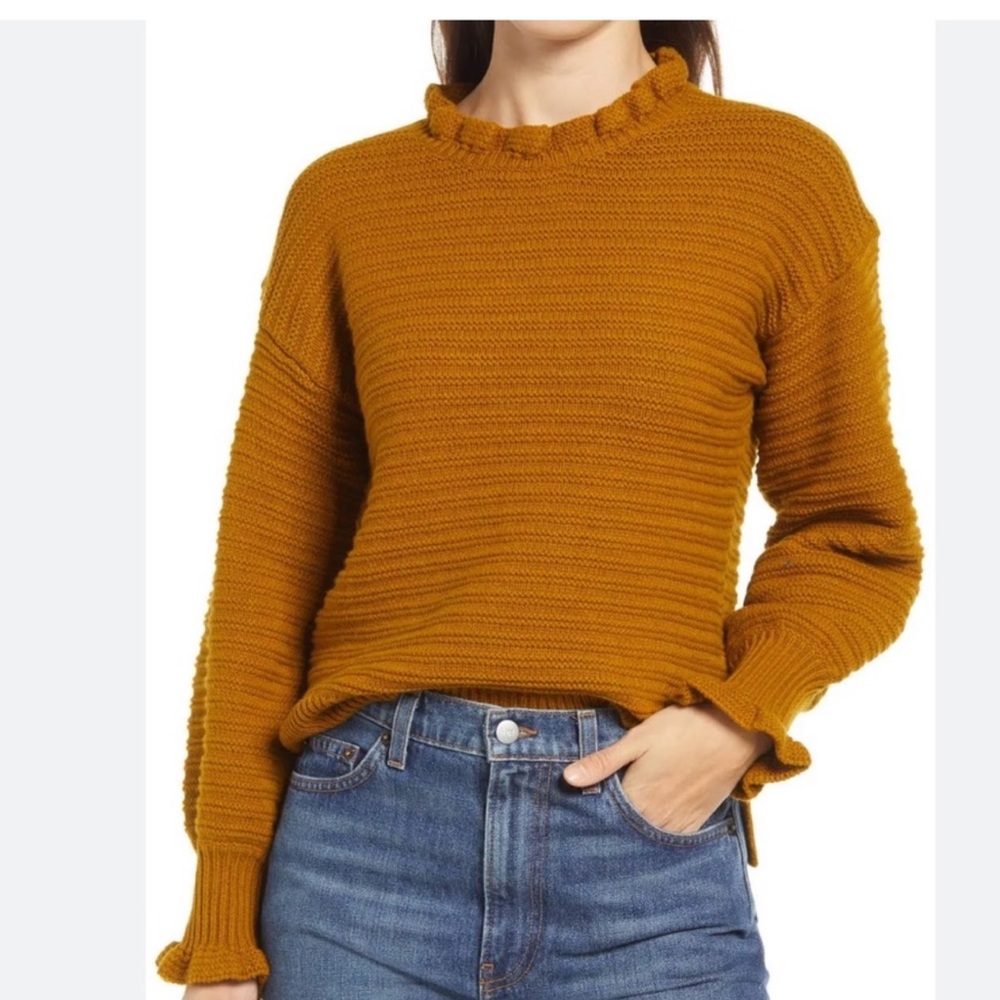 Madewell Ruffle-Neck Pullover Sweater in Cotton-Merino Yarn NWT $88 Antique Gold
